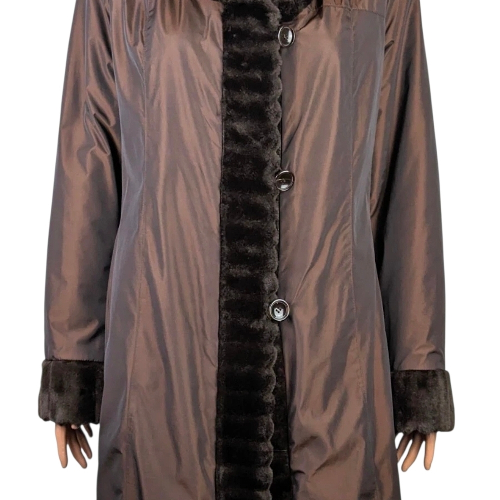 Gallery Women's Brown Taffeta Coat With Faux Fur Lining size 0X Vintage - Picture 6 of 6